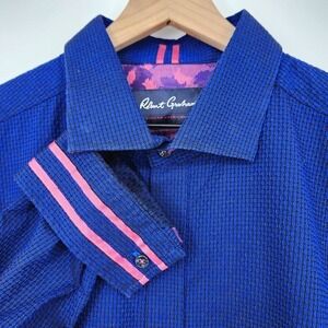Robert Graham Mens Flip Cuff Shirt Size 3XL Bold Blue Pink Modern Tailored Fit